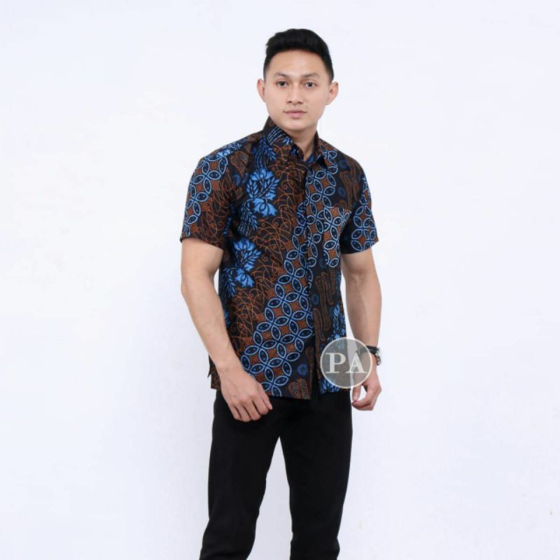 ATASAN HEM KEMEJA BATIK COWOK WARNA BIRU ELEKTRIK DONGKER LENGAN PENDEK M L XL XXL JUMBO BIG SIZE