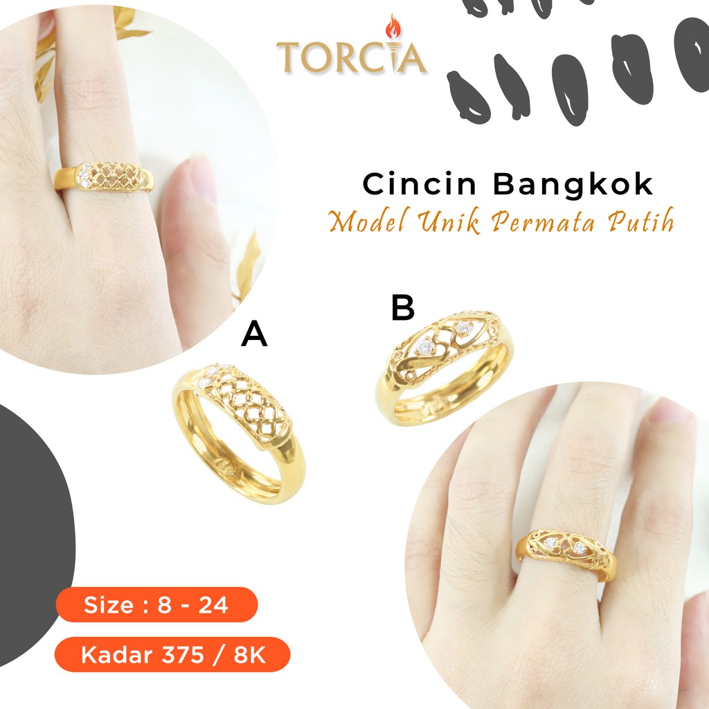 Cincin Emas Asli Bangkok Model Unik Permata Putih Kadar 375 Torcia