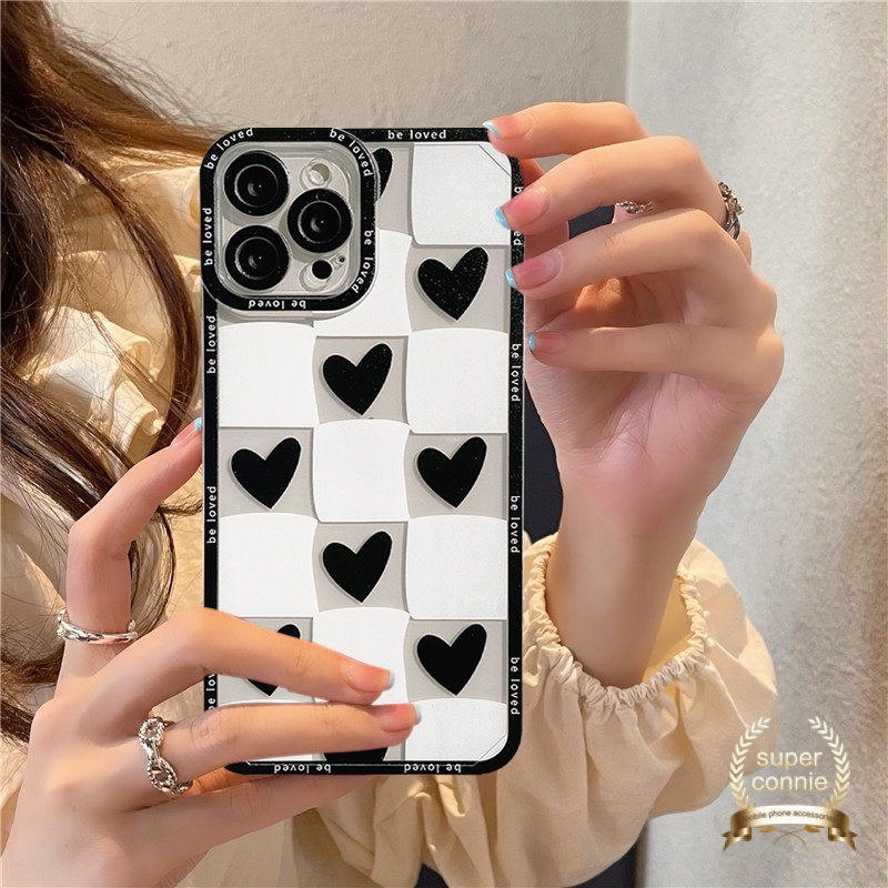 IPHONE Pasangan Kotak-Kotak Soft Tpu Case Untuk Iphone14 13 11 12 pro Max6 6s 8 7 plus XR X XS Max SE Cinta Hati Belakang Full Cover