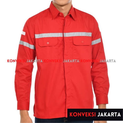 Baju Wearpack Kemeja Safety K3 Proyek Tambang Lengan Panjang  - Pakaian Seragam Werpak Kerja Atasan Scotlite Lapangan Warna Merah Pria Wanita