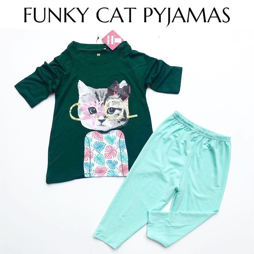 LAST STOCK Funky Cat Pyjamas Baju Setelan Piyama  Pergi Lucu Fashion Anak Bayi Perempuan Cewek Terbaru Termurah