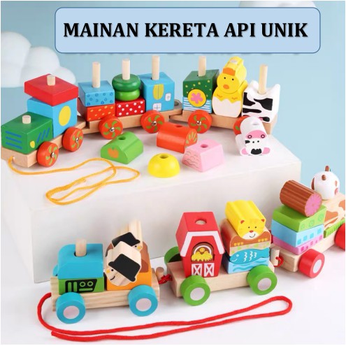 MAINAN ANAK ANAK KERETA TARIK KAYU LUCU UNIK BONEKA KARTUN HALUS