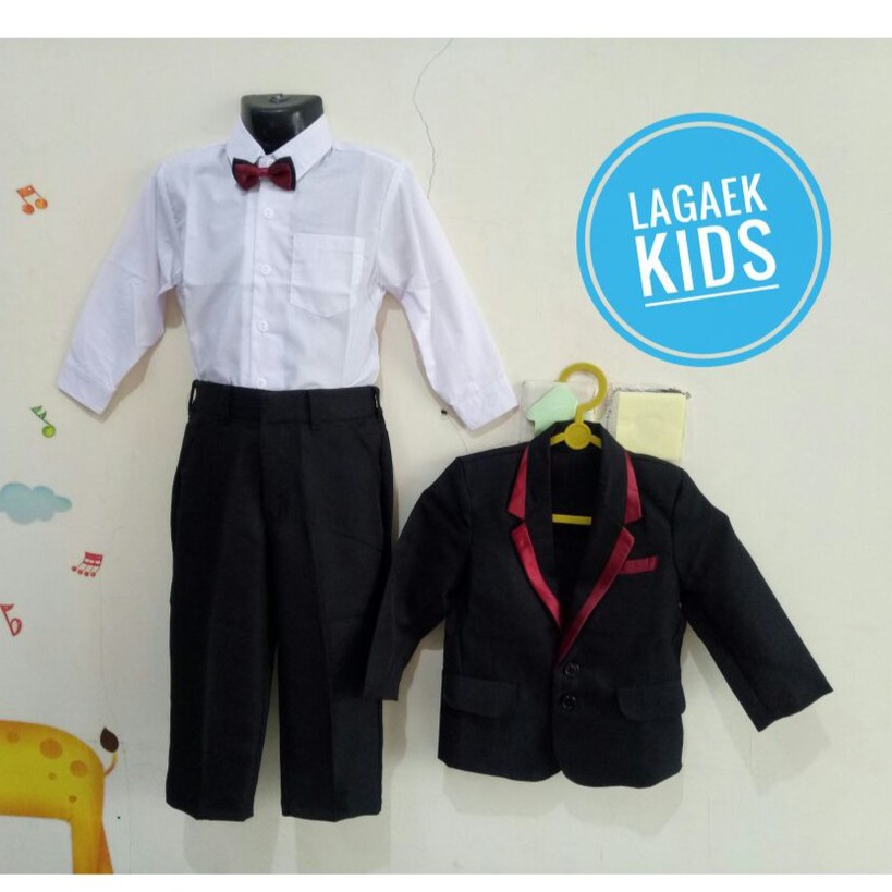 Setelan Jas Anak Laki Laki Usia 1 - 12 Tahun HITAM - Setelan Pesta Anak Cowok 4in1 Jas List Merah Tuxedo Lengkap Anak - Setelan Resmi Anak Cowok