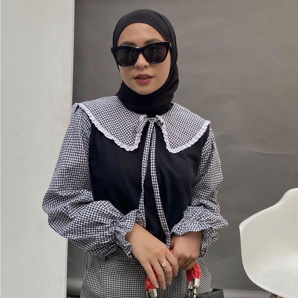 1KG MUAT 5PCS | MADANIA BLOUSE RENDA TARTAN ZARIFA BLACK GINGHAM HITS KOREAN STYLE OOTD SELEBGRAM FASHION GROSIR MURAH WANITA