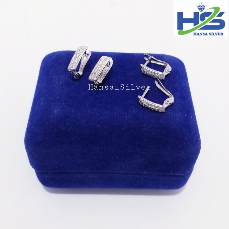 Anting Perak Silver Asli 925 Lapis Emas Putih Model Jepit 2 Baris Permata - Anting Wanita Anti Karat