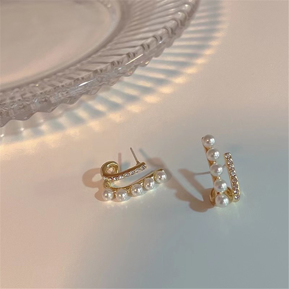 1 Pasang Anting Stud Zircon Mutiara Double Layer Gaya Retro Untuk Wanita