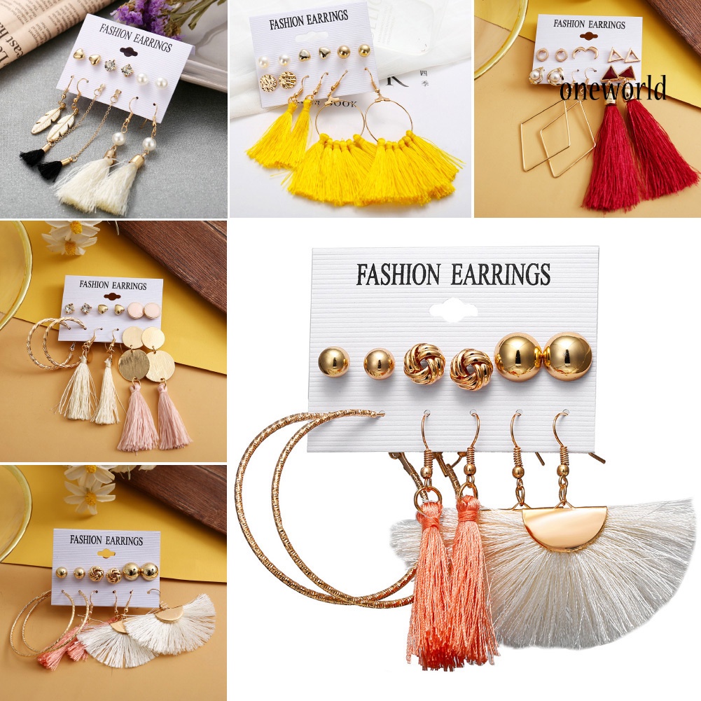 OW@ 6Pcs/Set Bohemia Women Tassel Hook Earrings Ear Stud Set Jewelry Accessories