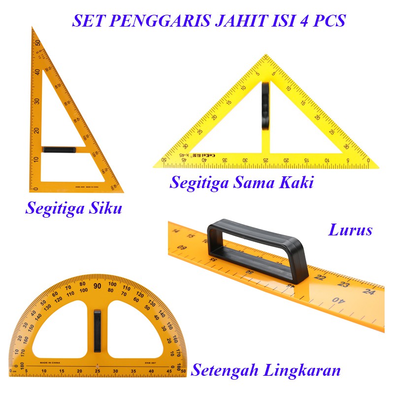 Set Penggaris Jahit-Pola-Bahan-Kain-Badan Isi 4 Pcs