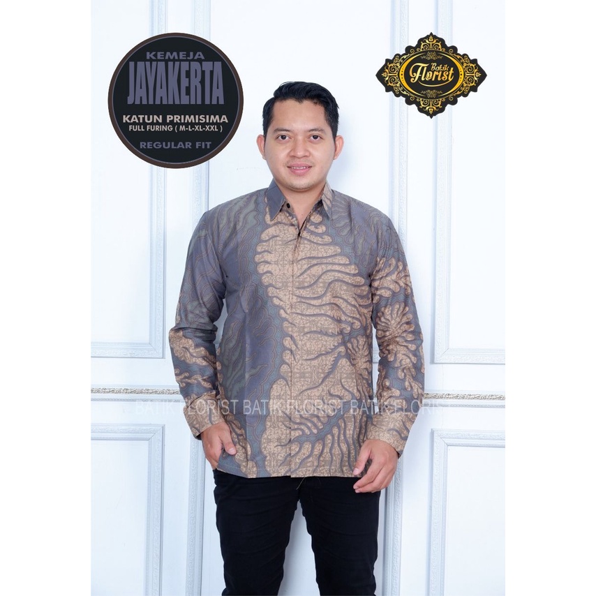 baju batik pria lengan panjang modern  ORIGINAL PREMIUM KEKINIAN BATIK SOLO MURAH SOGAN JAYAKERTA FLORIST
