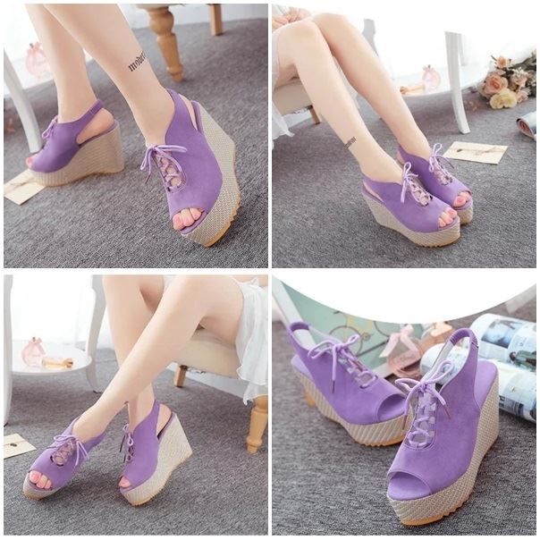 BJS507 - BEIGE/BLACK/PURPLE - Sepatu Wedge Wanita Cantik Elegan Import 9CM SEPATU PESTA WANITA HIGH HEELS MODEL TALI SEPATU HAK FASHION IMPORT TERMURAH TERLARIS TERBARU BAGSTORE JAKARTA JSW507