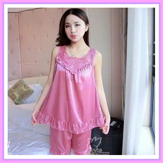 Vinlau Lingerie Sexy Baju Tidur Wanita Dewasa Set Tank Top Setelan Kensi Bahan Satin Ice Silk Fit To