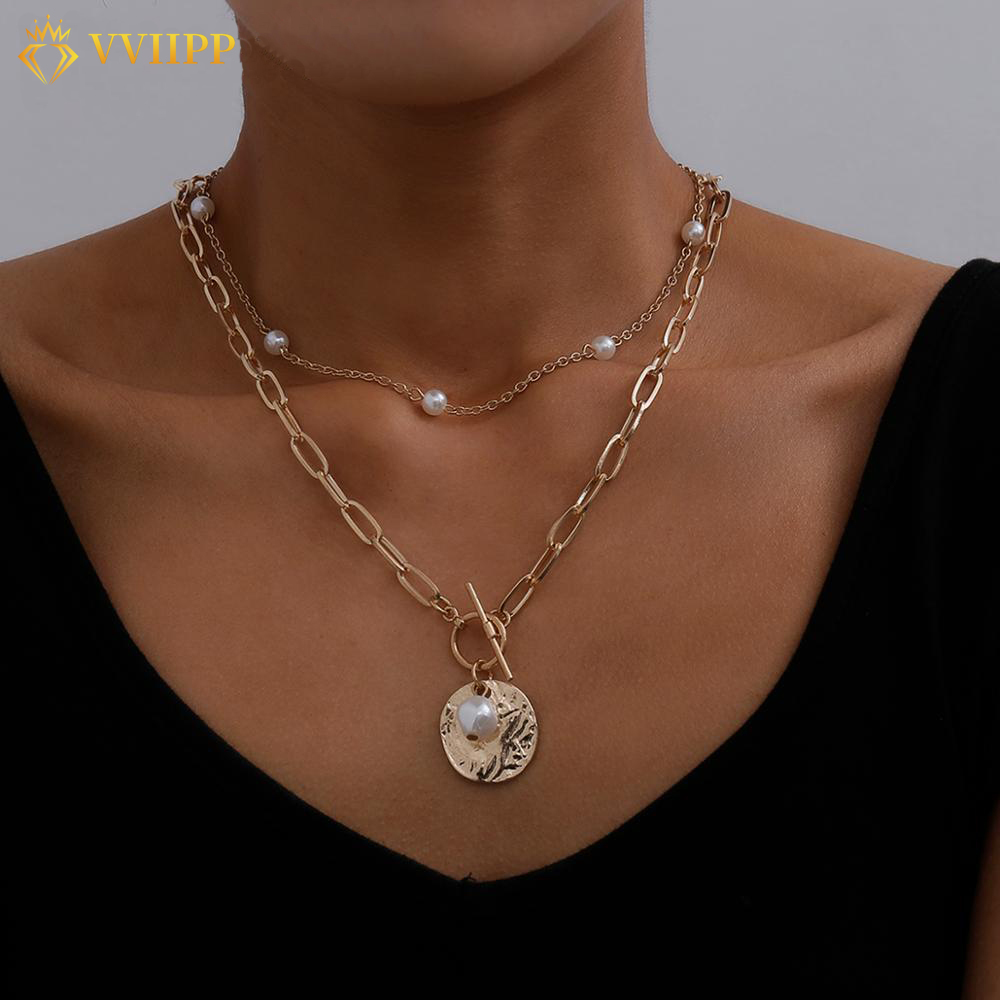 Kalung Rantai Emas Multilayer Aksen Mutiara Gaya Retro Korea Untuk Aksesoris Perhiasan