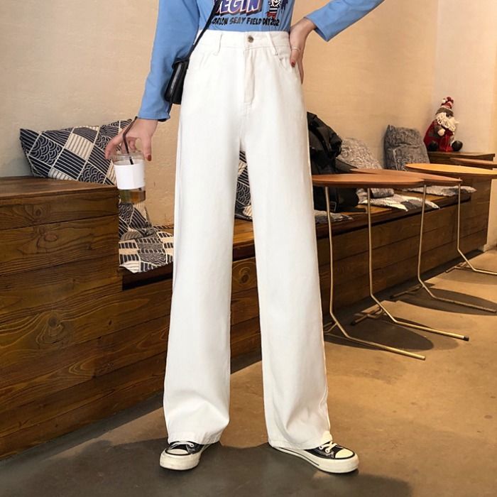 Celana jins lurus berpinggang tinggi retro Korea untuk wanita