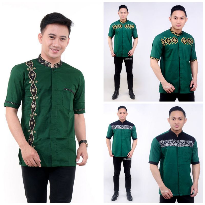 ATASAN BAJU BATIK PRIA COWOK LENGAN PENDEK HIJAU BOTOL GREEN BOTTLE POLOS KOMBINASI LIST PRADAA GOLD