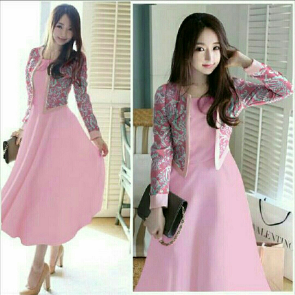 Baju Wanita Maxi Dress  terbaru & kekinian  bahan full Baby Terry + cardigan ( PINK)