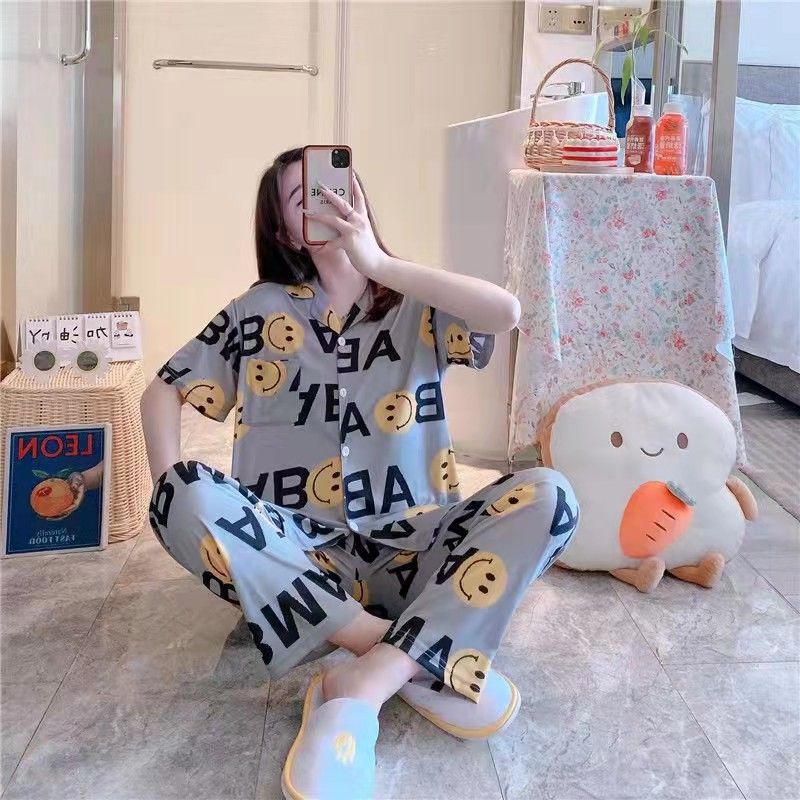 Baju tidur wanita / Piyama Cp baju tidur wanita krah pendek import kotak freesize-Cp.k EMOJI ABU