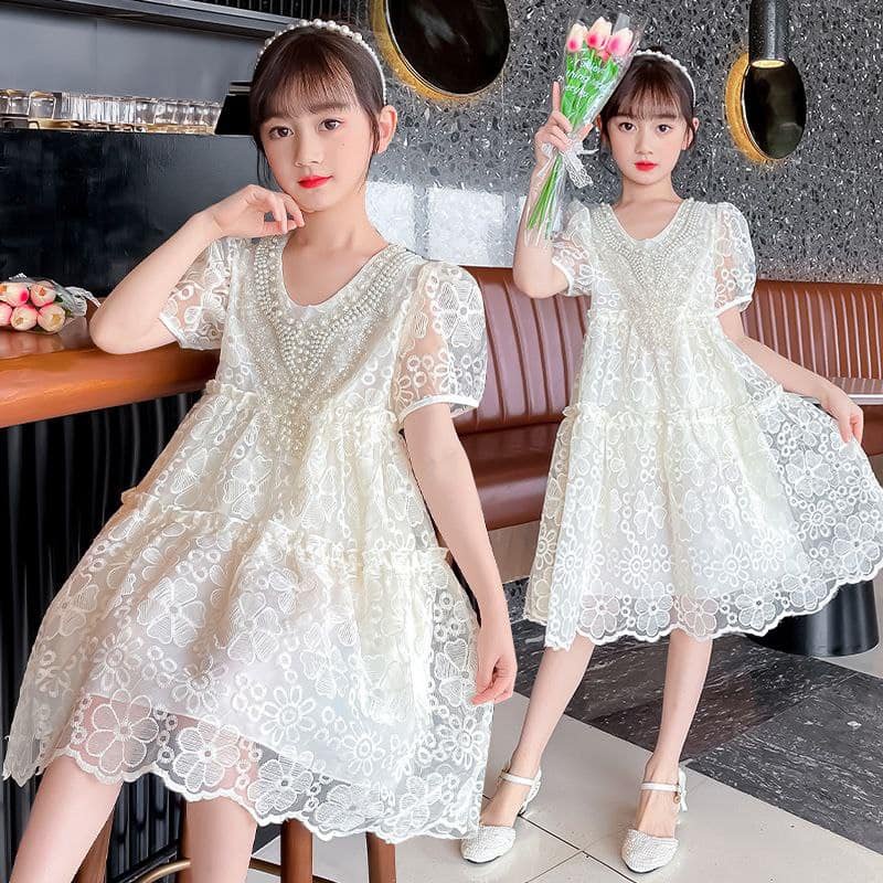 Dress Anak Remaja Cewek Impor Brokat Ivory Pearl / Dress Pesta Anak Cewek Impor