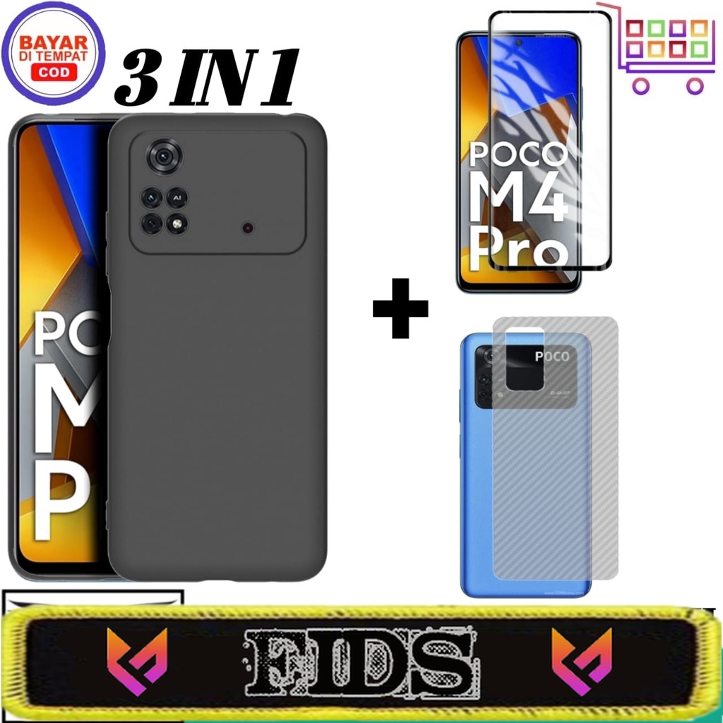 PROMO PAKET 3 IN 1 CASE XIAOMI POCO M4 PRO 4G SOFT CASE Black Matte Free Anti Gores Layar &amp; Skin Carbon Handphone