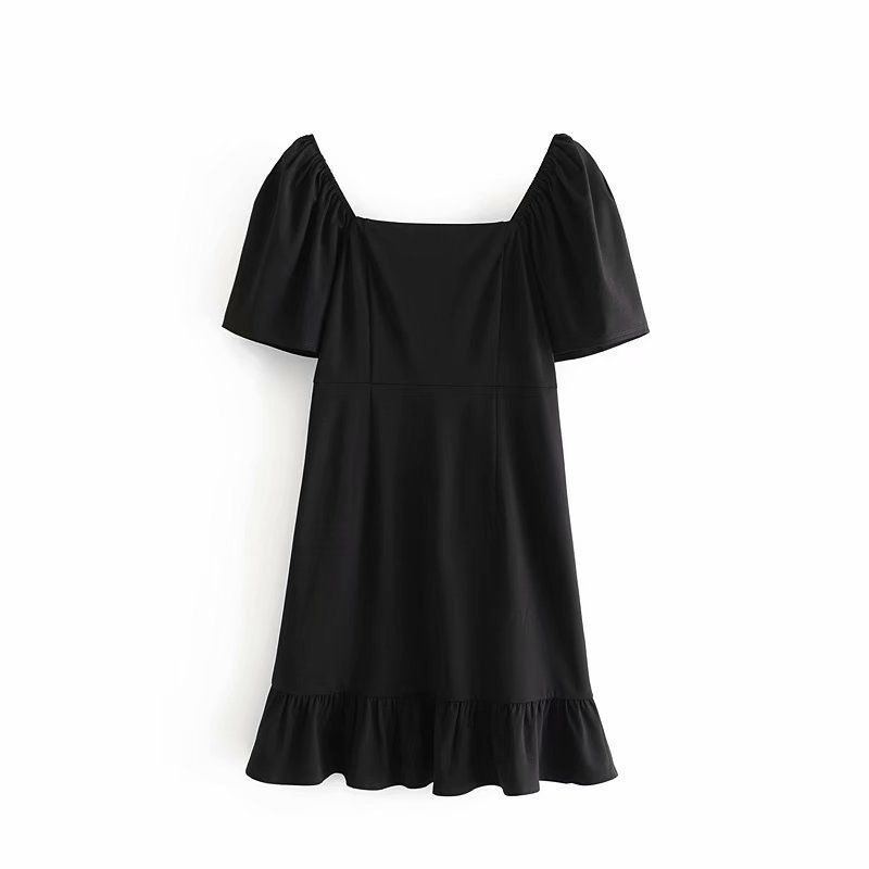 Dress Polos Wanita Warna Hitam Lengan Pendek Casual Dress Korea Square Neck Dress