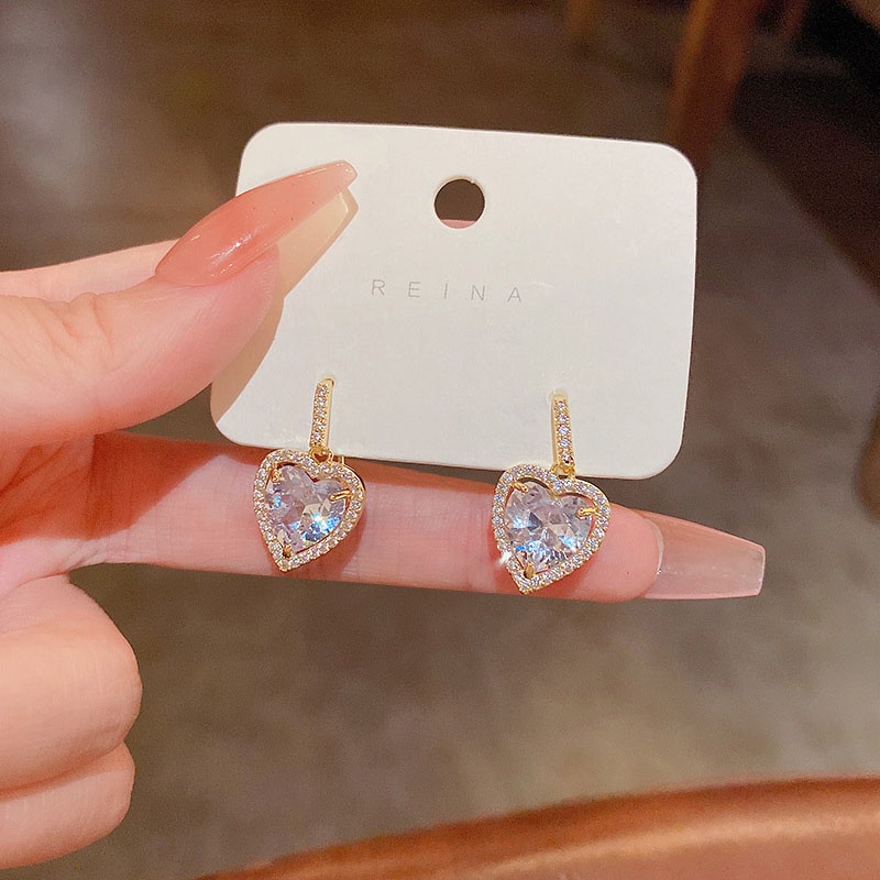 Anting Tusuk Sterling silver 925 Desain Hati Hias Zircon Besar Mewah Untuk Wanita