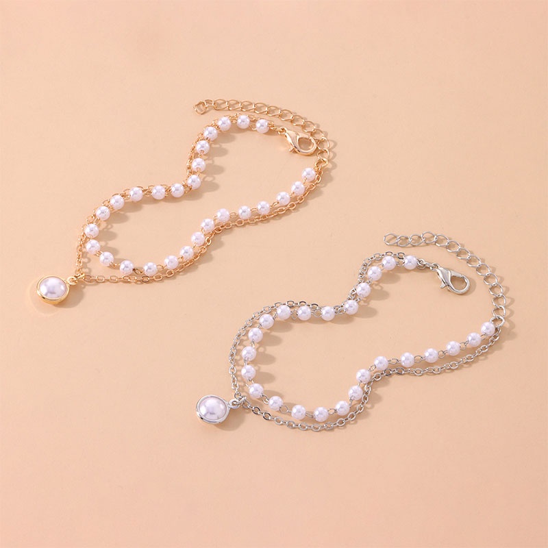 Fashion Korea Wanita Temperamen Manis Gelang Aksesoris Perhiasan Gelang Mutiara Ganda Sederhana -PD