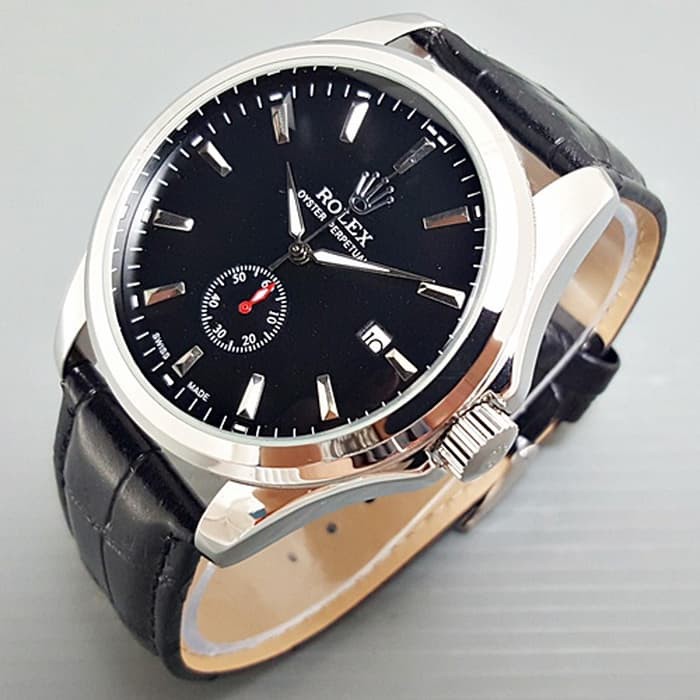 Jam Tangan Pria / Cowok Rolex Automatic Big Size Leather Black Silver