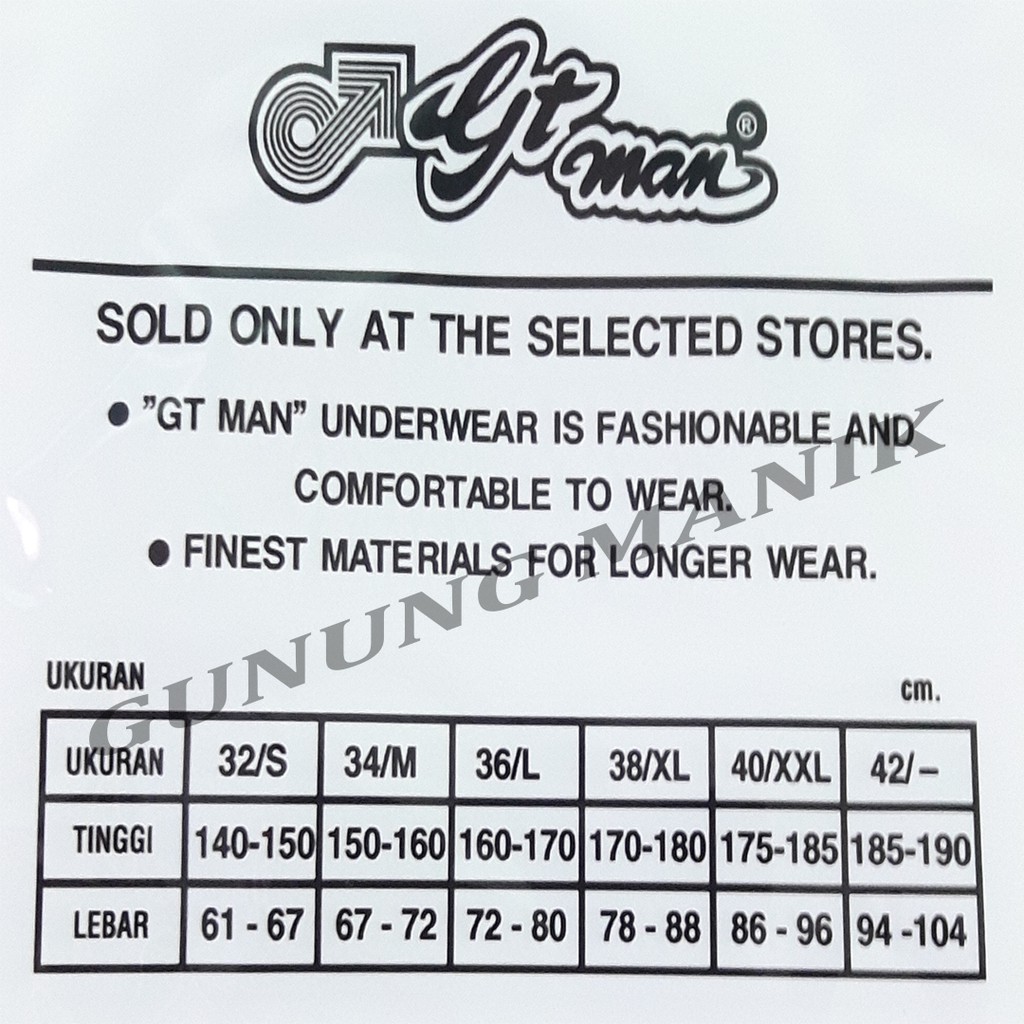 GT-MAN 704 BW Celana dalam pria bahan 100% katun lembut menyerap keringat