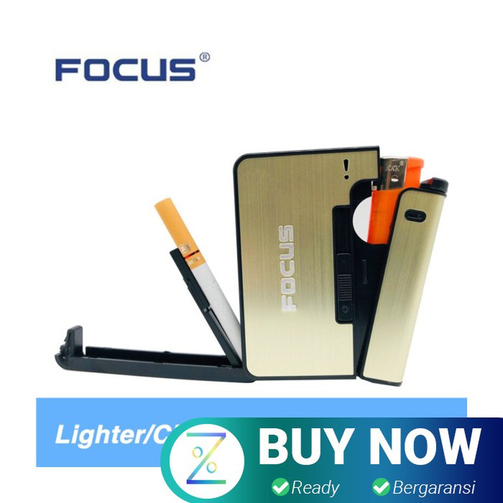 Focus Kotak Rokok Fashion Bungkus Metal Case with Lighter Golden