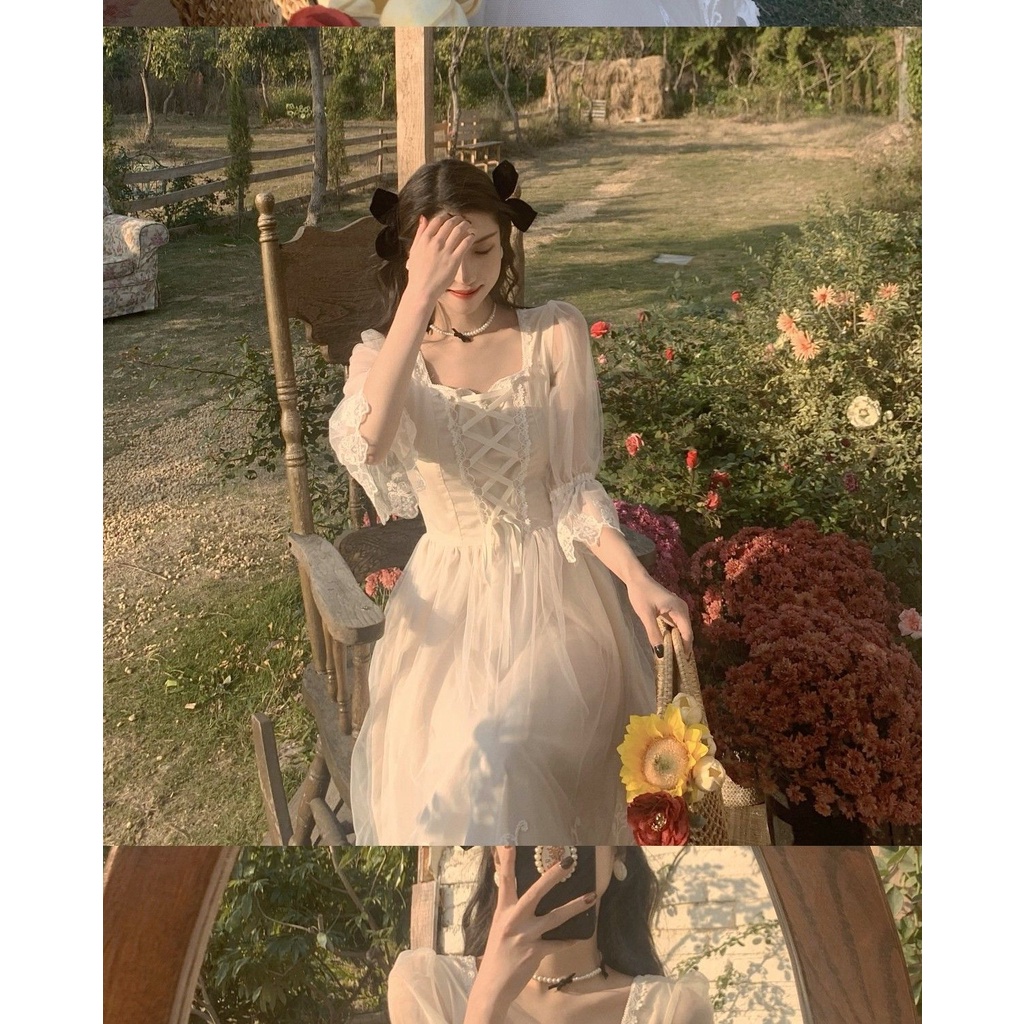 [KOREA] Autumn Lace Sweet Elegant Korean Kawaii Short Sleeve Dress