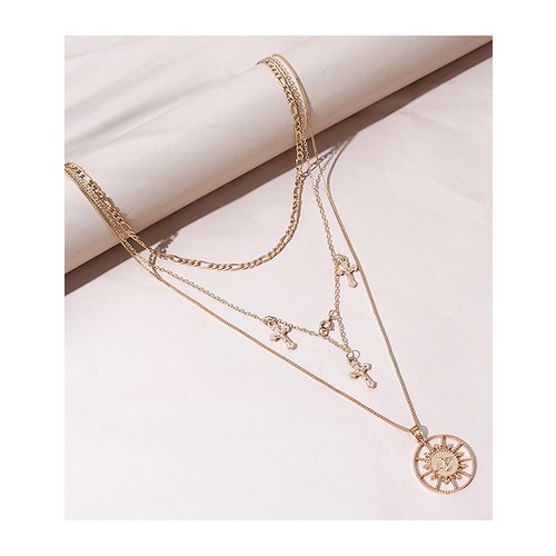 LRC Kalung Fashion Gold Color Cross Round Alloy Hollow Multilayer Y65085