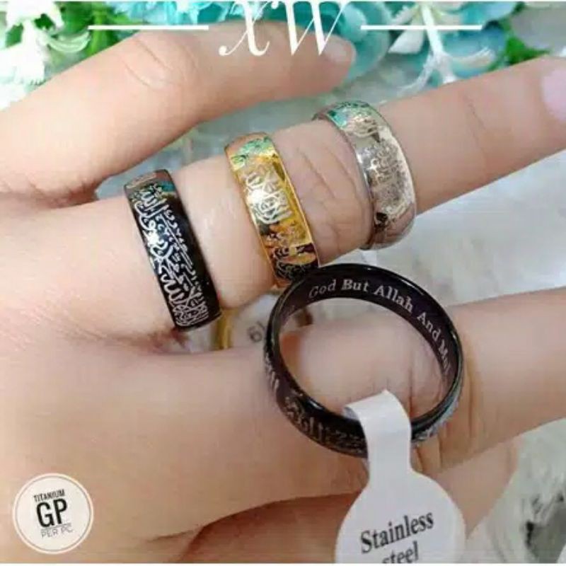 Fourfashion Cincin Tauhid Muslim Pria Wanita Anti Karat Warna Emas Biru Silver Hitam Islam Kaligrafi