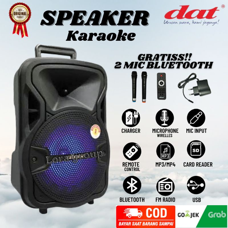 Salon Bass dat Bluetooth 8 inch DAT DT 810XT Portable  + 2 Mic Wireless Extra Bass Speaker Karaoke