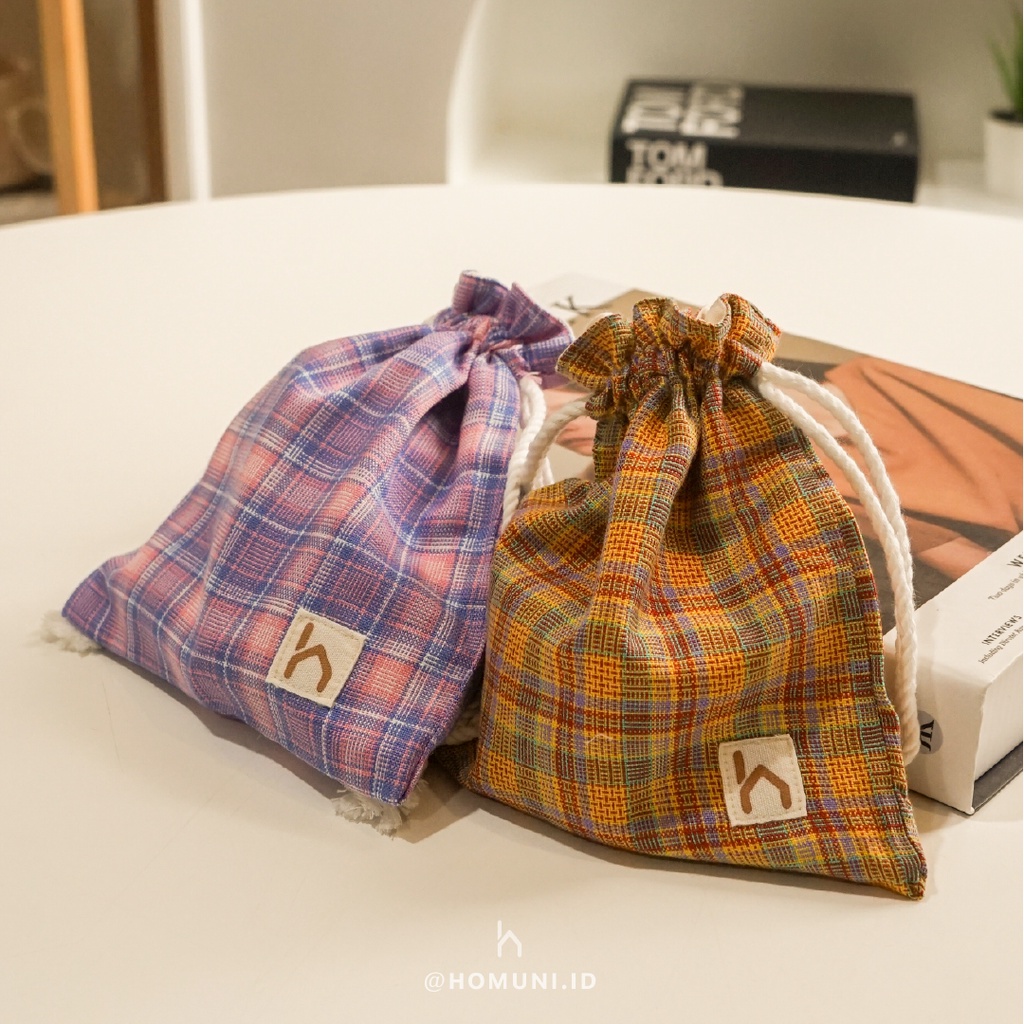 Jual Yarndyed Drawstring Pouch Serut Kain Kotak-Kotak/Tas serba guna