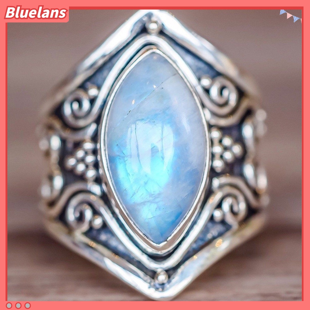 Bluelans Cincin Wanita Desain Geometri Hias Moonstone Gaya Vintage Untuk Pernikahan / Tunangan / Pesta