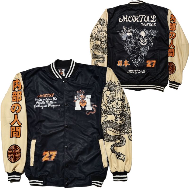 JACKET VARSITY BASEBAAL MOTIP TERBARU PRIA WANITA SAIZE L XL-mortal taggan crem