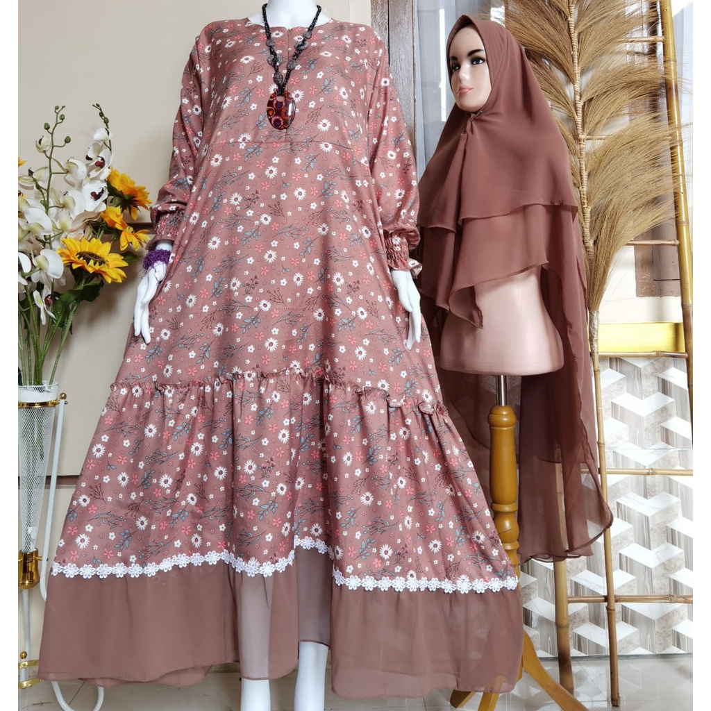 GAMIS SHAKILA PREMIUM SUPER LEMBUT & ADEM MOTIF BUNGA SET SYAR'I 2LAYER TERBARU/GAMIS SHAKILA PREMIU