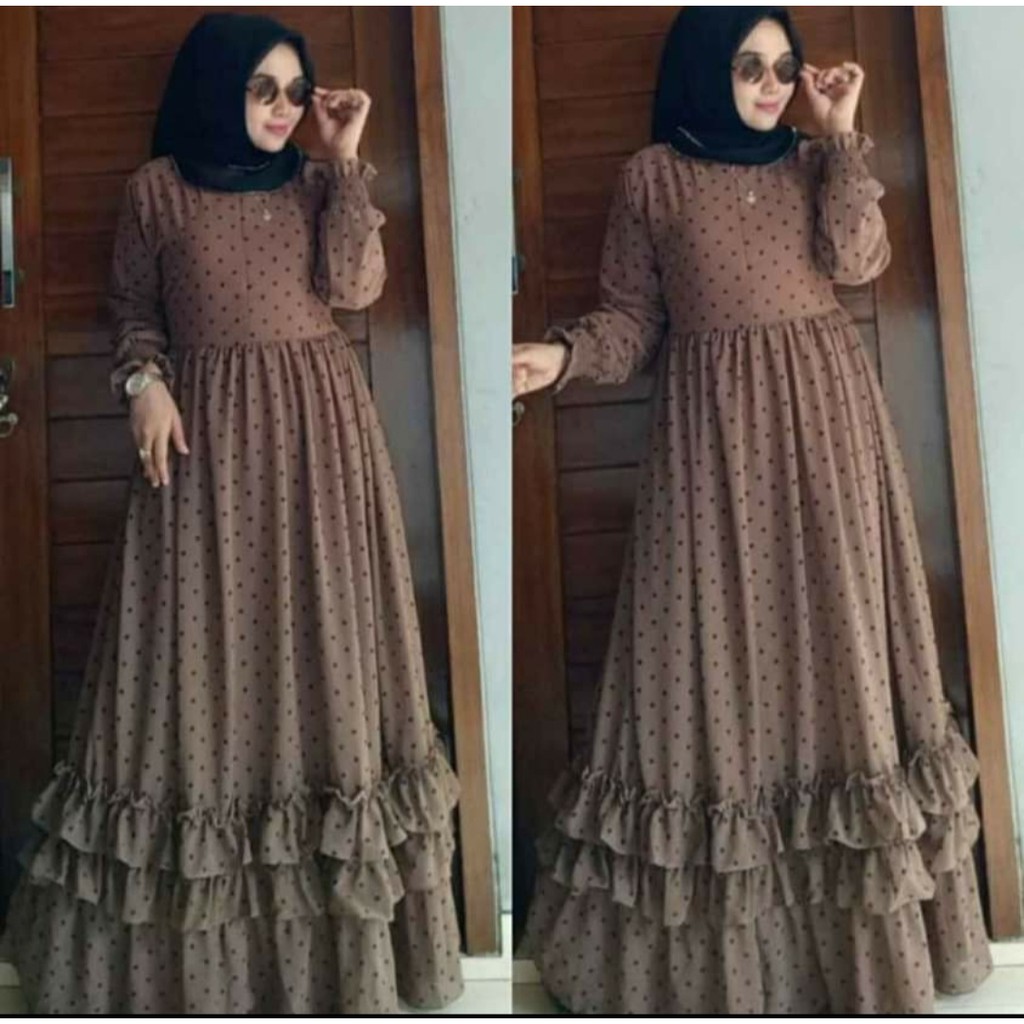 Baju gamis wanita muslim polkadot / naira maxi dress / gamis polkadot terbaru size L / XL-COKLAT