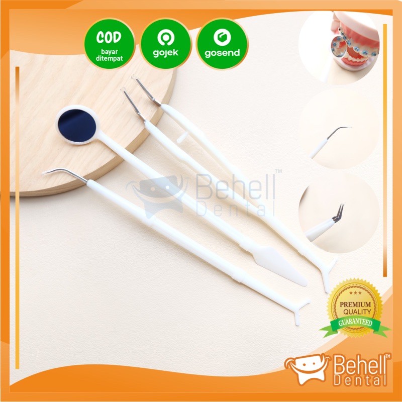 ORI ALAT PEMBERSIH PLAK KARANG GIGI / INSTRUMENT DISPOSABLE 3 SONDE KARET BEHEL PINSET KACA MULUT 8000