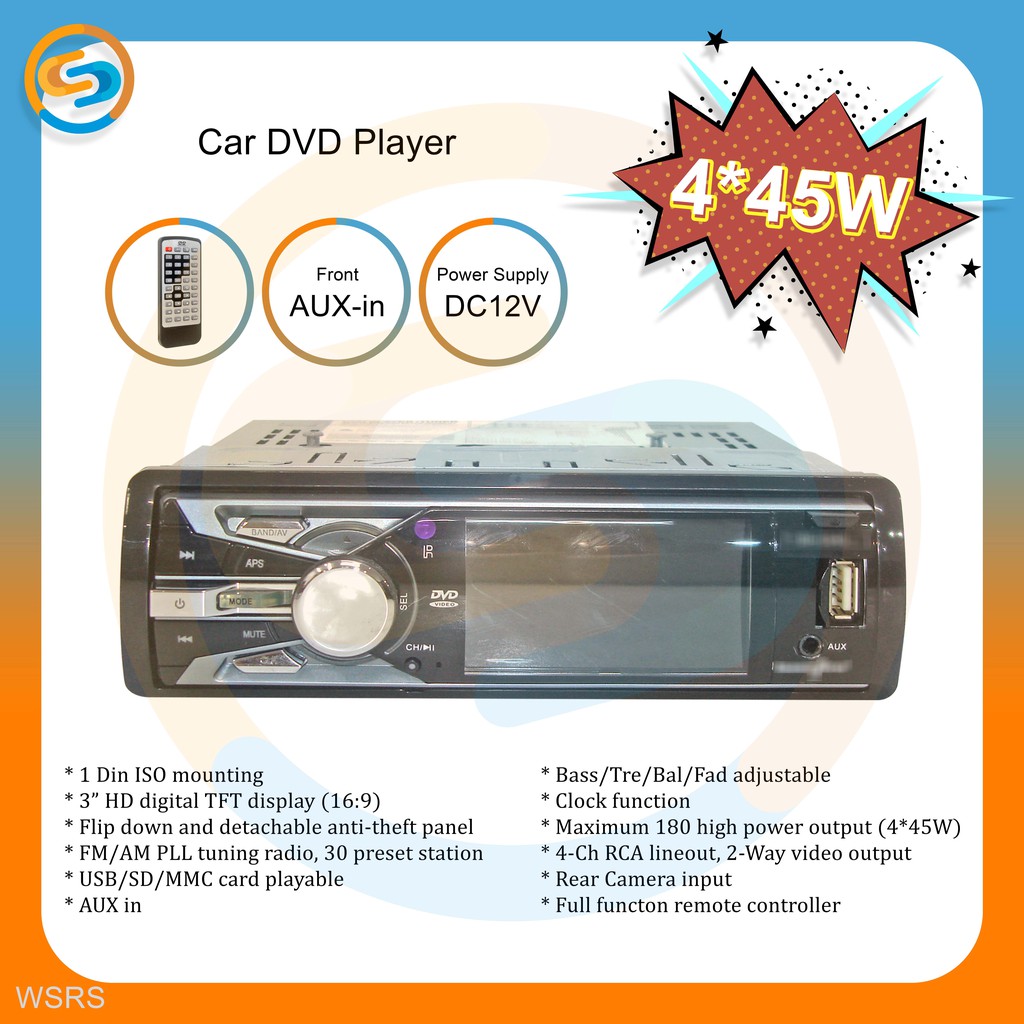 CAR DVD USB SD AUX IN PLAYER 3 INCH SINGLE DIN - TAPE DVD RADIO MOBIL WSRS