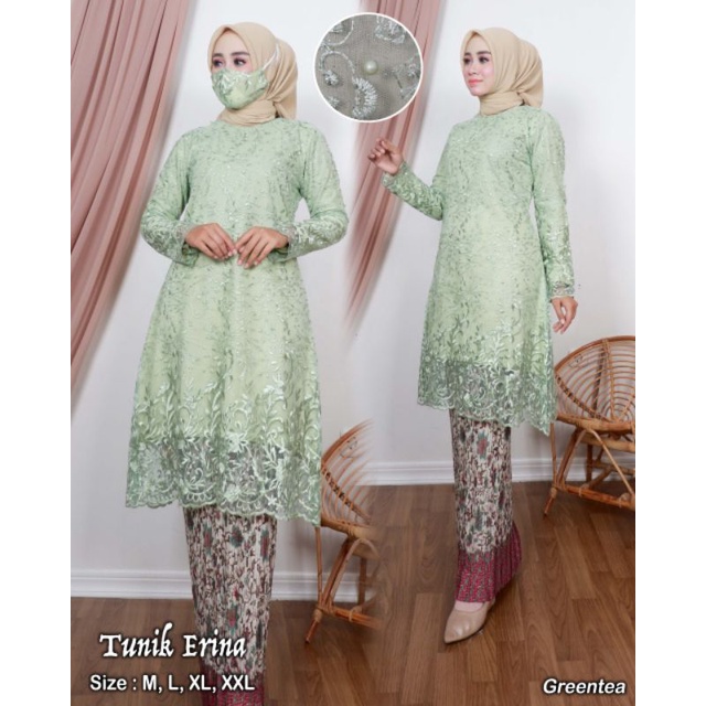 ADE> STELAN KEBAYA TUNIK ERINA / TUNIK KEBAYA TULLE - KEBAYA MODERN - KEBAYA PESTA CANTIK KEKINIAN-Green tea
