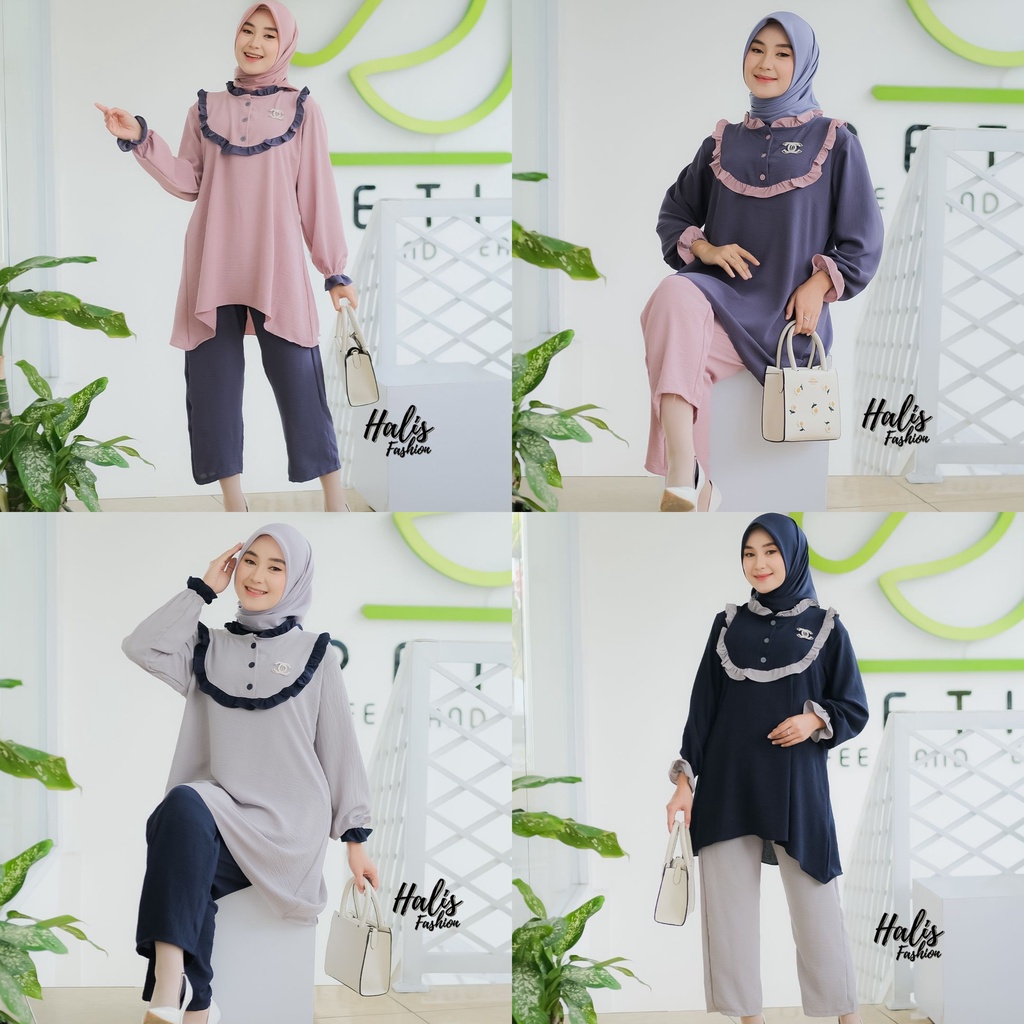 ONESET ZARA ZAHRANA HALIS DEWASA DAN ANAK Cringkel TUNIK + CELANA Model Rempel Dada Warna Cantik