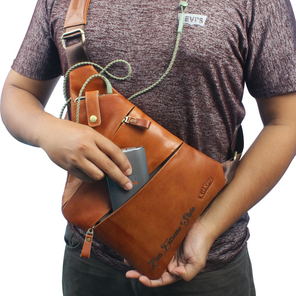 Tas Selempang Pria Kulit Sapi Asli SUPER SLIM Crossbody Chest Bag Pack + GRATIS GRAFIR LASER CUSTOM