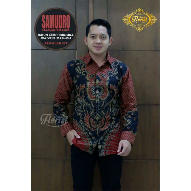 Kemeja Batik Lengan Panjang Pria Batik Pria Warna Merah Batik Warna Merah Lapis Furing SAMUDRO