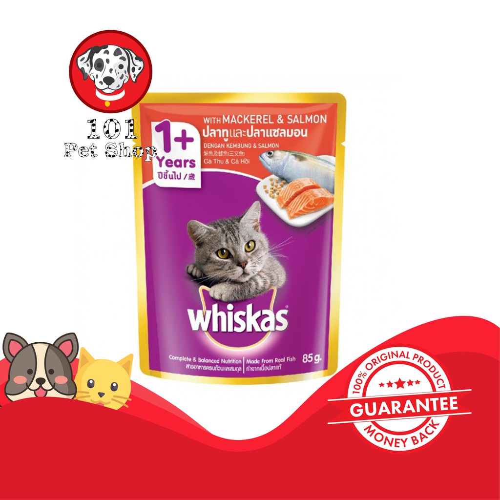 MAKANAN KUCING WHISKAS POUCH MACKEREL SALMON 85GR