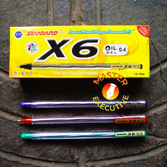 [Pak - 12 Buah] Standard X6 Black Delta Tip Oil Gel Pen 0.4 - Pulpen Hitam