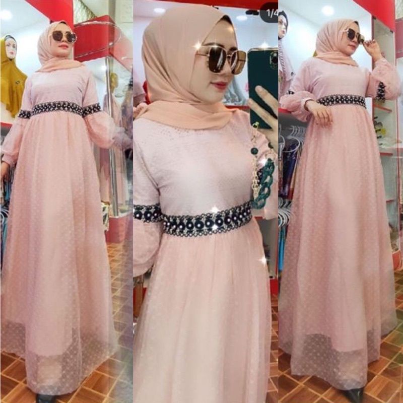 LIMITED  SIAP KIRIM | GAMIS PASTEL TANGAN BALON full tile dot + brukat mutiara