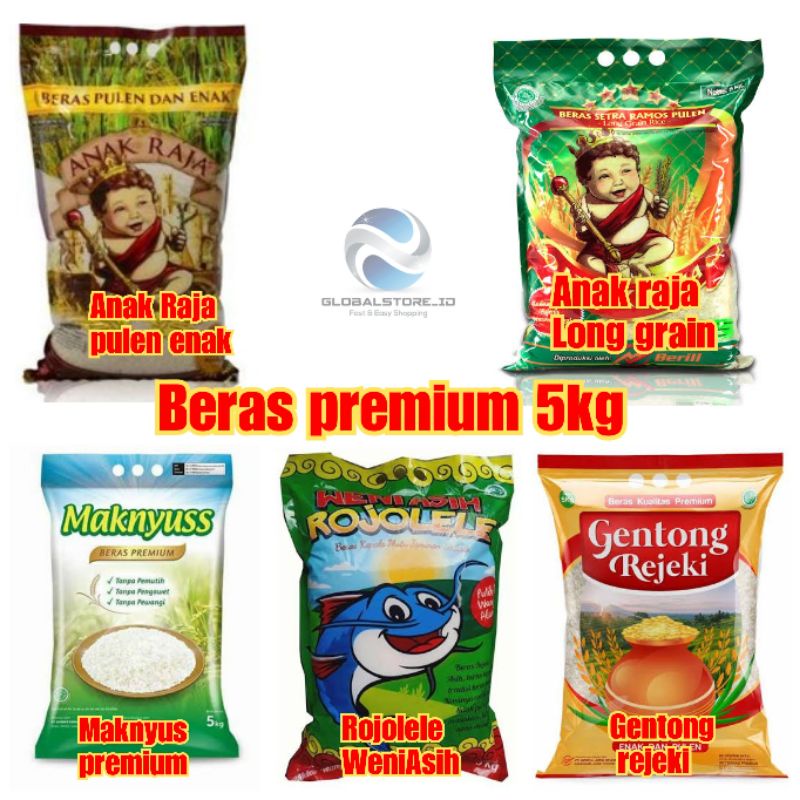 Beras anak raja premium 5 kg/ beras premium gentong rejeki 5 kg/ beras rojolele weni asih 5 kg/beras maknyus premium 5kg/beras sedap wangi 5kg