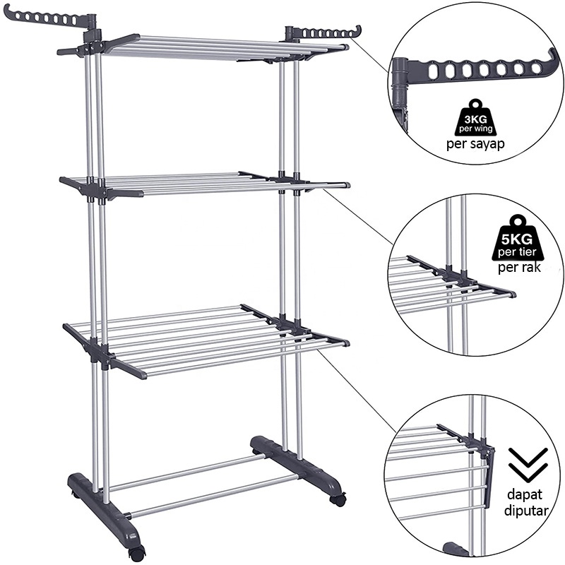 Jemuran Baju Lipat 3 Tingkat Rak jemuran Handuk stand hanger 3 tingkat beroda WHFURNITURE