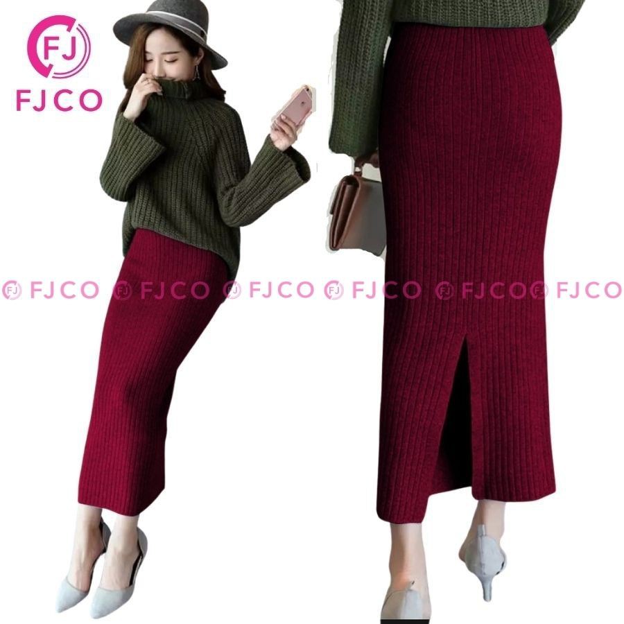 FJCO - Rok Panjang Wanita Rok Span Model Korea Terbaru Rok Rib Jessy Rok Plisket-maroon