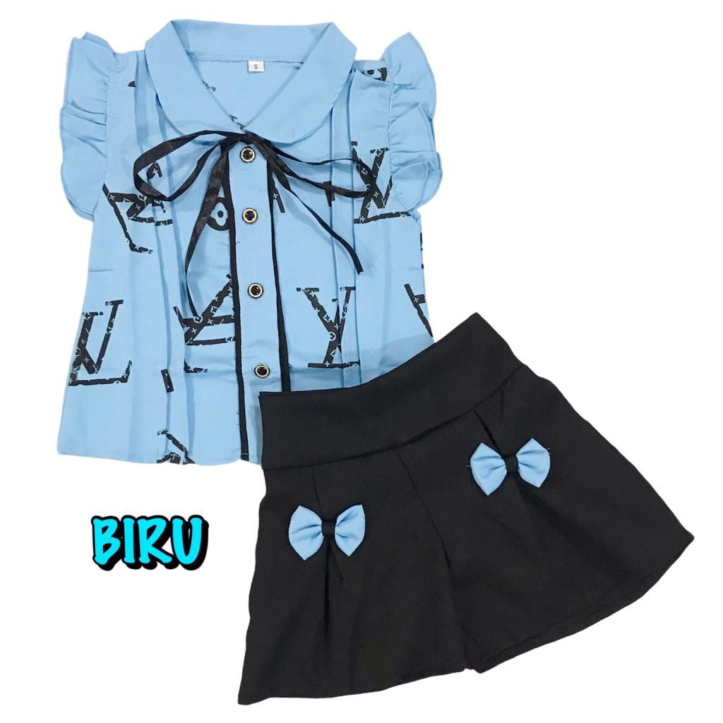 (1 KG MUAT 10 STEL) BAJU FASHION ANAK PEREMPUAN SETELAN ATASAN CELANA PENDEK KERAH ELVI-ELVI-BIRU